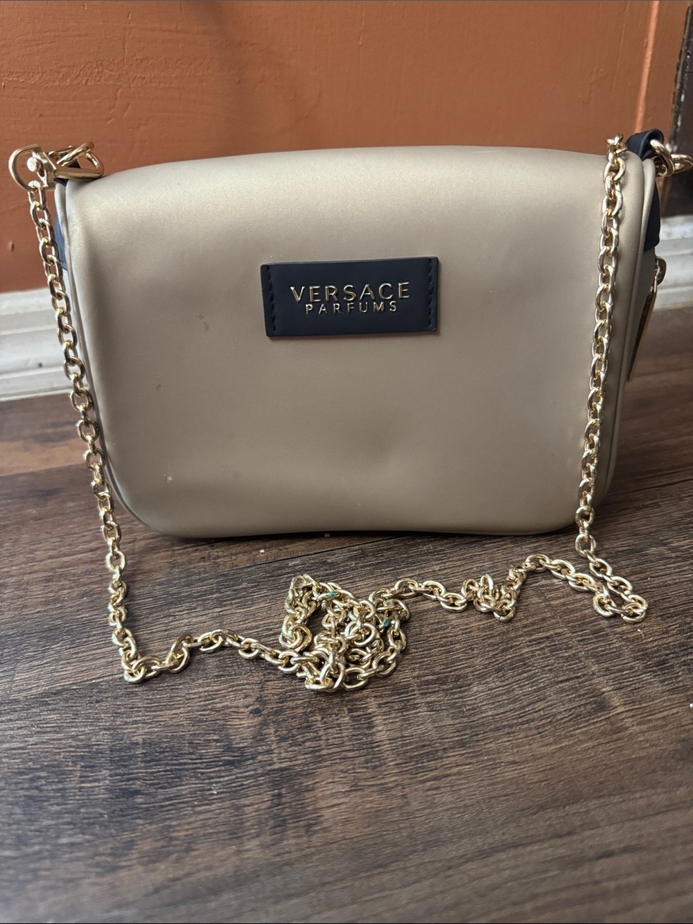 Versace Parfums Gold Metallic Crossbody Bag with Chain